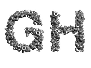 3d alphabet, uppercase letters G H made of bolts, 3d illustration