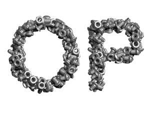 3d alphabet, uppercase letters O P made of bolts, 3d illustration