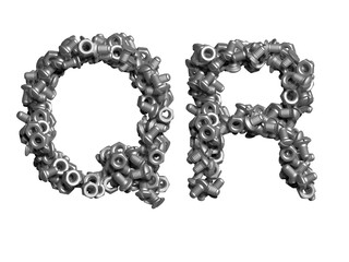 3d alphabet, uppercase letters Q R made of bolts, 3d illustration