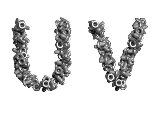 3d alphabet, uppercase letters U V made of bolts, 3d illustration