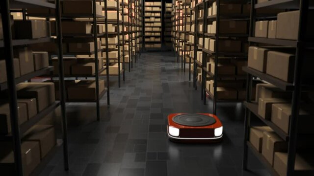 Flat robot storekeeper with headlights moving in a dark warehouse 3d animation