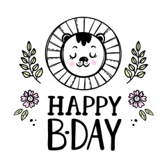 HAPPY LION Baby Birthday Cute Animal Festive Greeting Card With Flowers Cartoon Hand Drawn Sketch With Handwriting Text Clip Art Vector Illustration For Print