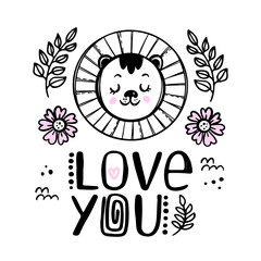 LION LOVE YOU Baby Birthday Cute Animal Festive Greeting Card Cartoon Monochrome Hand Drawn Sketch With Handwriting Text Clip Art Vector Illustration For Print