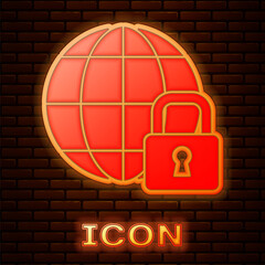 Fototapeta na wymiar Glowing neon Global lockdown - locked globe icon isolated on brick wall background. Vector