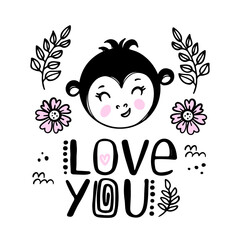 LOVE ME MONKEY Baby Birthday Cute Animal Festive Greeting Card Cartoon Monochrome Hand Drawn Sketch With Handwriting Text Clip Art Vector Illustration For Print