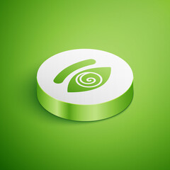 Isometric Hypnosis icon isolated on green background. Human eye with spiral hypnotic iris. White circle button. Vector