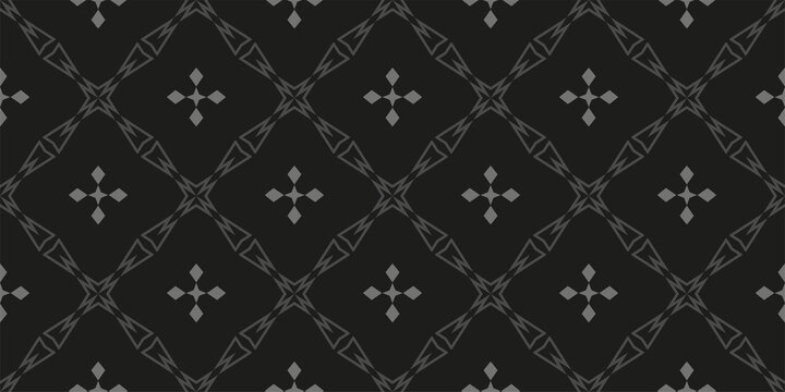 Dark background pattern with geometric ornament on a black background, repeating wallpaper. Seamless pattern, texture. Vector image