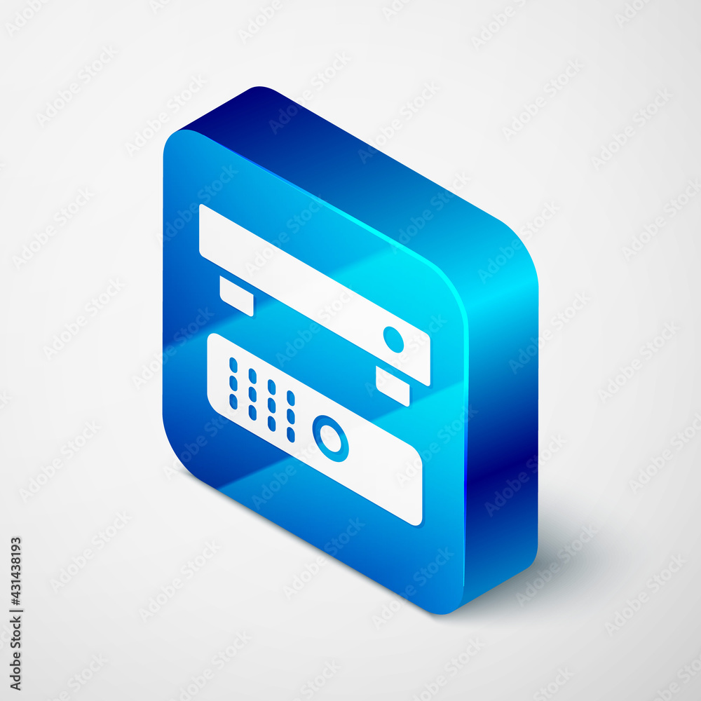 Sticker Isometric Multimedia and TV box receiver and player with remote controller icon isolated on grey background. Blue square button. Vector