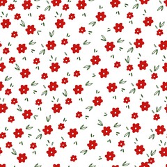Cute simple seamless pattern with red flowers. Vector illustration