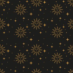 Seamless pattern with sun and stars in retro style. Vector illustration
