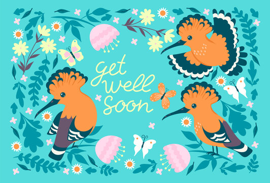 Postcard with hoopoe and the inscription get well soon. Vector graphics.