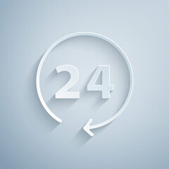 Paper cut Clock 24 hours icon isolated on grey background. All day cyclic icon. 24 hours service symbol. Paper art style. Vector