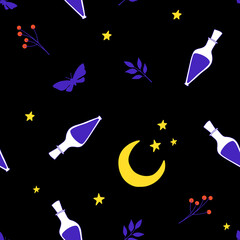 A magical collection of vector patterns. Night, Cats, stars and Potion, Seamless pattern