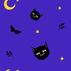 A magical collection of vector patterns. Night, Cats, stars and Potion, Seamless pattern