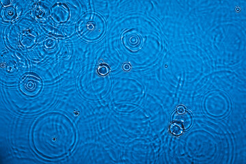 De-focused transparent dark blue colored clear calm water surface texture with ripples, splashes and bubbles. Trendy abstract nature background. Water waves in sunlight with copy space.