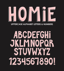 Hand written bold font and numbers vectors, pink and white uppercase alphabet letter characters