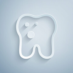Paper cut Tooth with caries icon isolated on grey background. Tooth decay. Paper art style. Vector