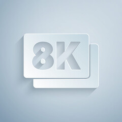 Paper cut 8k Ultra HD icon isolated on grey background. Paper art style. Vector