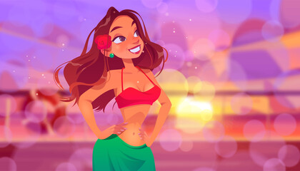 Young woman on yacht desk, beautiful girl with red flower in hair, top and green skirt posing with arms akimbo on ocean view blurred background, summer relax, marine voyage Cartoon vector illustration
