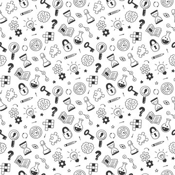 Puzzle and riddles. Hand drawn seamless pattern with crossword puzzle, maze, brain, chess piece, light bulb, labyrinth, gear, lock and key. Vector illustration in doodle style on white background