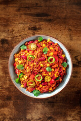 Chilli con carne, spicy stew with meat and vegetables, top shot