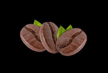 Roasted coffee beans with coffee leaves studio shot on black background, Healthy products by organic natural ingredients concept