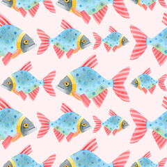 Watercolor seamless pattern of colorful fish. Cute funny carp fish (karps, crucians). Hand drawn texture of an ornament on a pink background. Ideal for textiles, packaging, wallpaper, websites, cards.