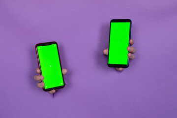 two smartphones with a green screen in their hands on a purple background, with a hand slot through the background