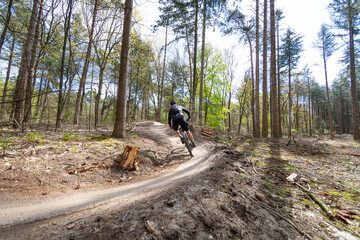 Mountainbiker on a sandy single track during the ascent of a small hill in the track as seen from behind.