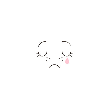 Cute sad crying kawaii face expression clipart isolated on white. Funny facial illustration. Simple minimalistic cartoon character graphic design