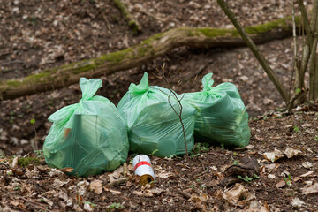 bags with trash in the forest