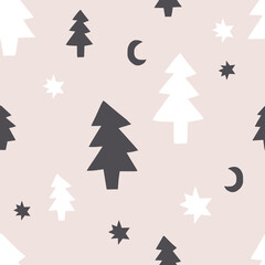 Fototapeta premium Magical Scandinavian Christmas starry night forest vector seamless pattern. Abstract pine tree star crescent shapes modern abstract background. Neutral colours limited geometric graphic design
