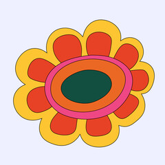 vector isolated hippie flower chamomile.A rainbow plant in the hippie style of the 60s and 70s.An element for a botanical pattern.Psychedelic wildflower bud.summer sticker.Childish hand drawn style.