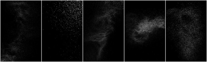 Set of distressed white grainy texture. Dust overlay textured. Grain noise particles. Snow effects pack. Rusted black background. Vector illustration, EPS 10.  