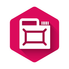 White Canister for motor machine oil icon isolated with long shadow background. Oil gallon. Oil change service and repair. Engine oil sign. Pink hexagon button. Vector