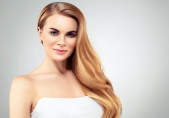 Obraz premium Beautiful woman with long blonde hairstyle healthy beauty skin natural make up