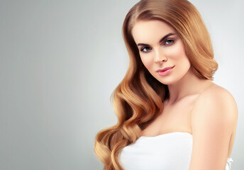 Naklejka premium Beautiful woman with long blonde hairstyle healthy beauty skin natural make up