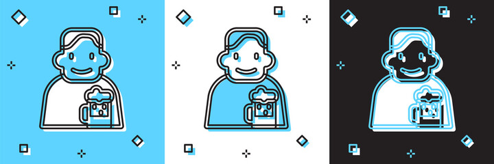 Set Happy man with beer icon isolated on blue and white, black background. Vector