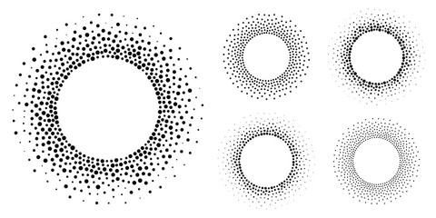 Halftone circular dotted frames set. Circle dots isolated on the white background. Logo design element for medical, treatment, cosmetic. Round border using halftone circle dots texture. Vector