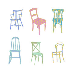 Trendy flat chairs textured. Interior design illustration. Dinning and living room chairs. 