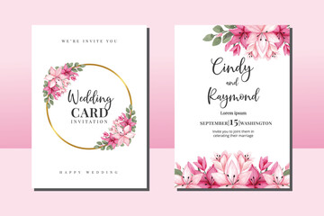 Wedding invitation frame set, floral watercolor hand drawn Pink Lily Flower design Invitation Card Template
