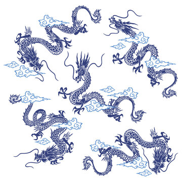 A collection of materials depicting dragons in Japanese style,