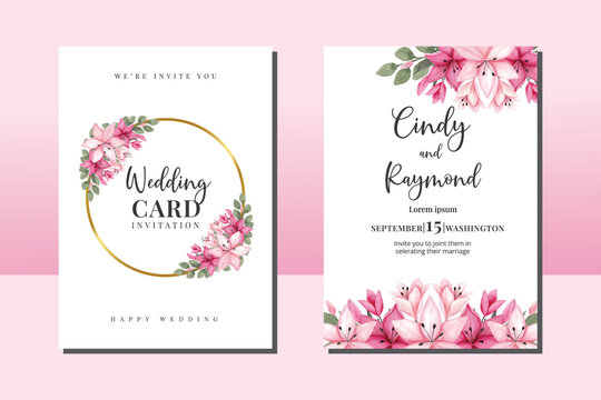 Wedding invitation frame set, floral watercolor hand drawn Pink Lily Flower design Invitation Card Template
