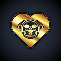 Gold Heart with dog icon isolated on black background. Pet paw in heart. Love to the animals. Vector