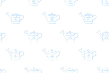 Seamless pattern with watering cans. Hand drawn outline vector background and texture in doodle style, isolated. Gardening tools for working in the garden, on the farm, in the dacha, country site