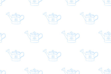 Seamless pattern with watering cans. Hand drawn outline vector background and texture in doodle style, isolated. Gardening tools for working in the garden, on the farm, in the dacha, country site