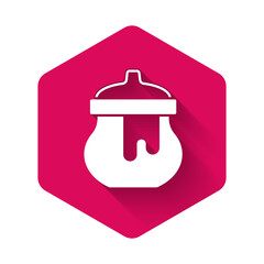 White Jar of honey icon isolated with long shadow background. Food bank. Sweet natural food symbol. Pink hexagon button. Vector