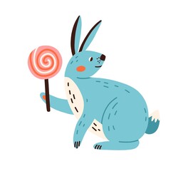 Cute happy rabbit with lollipop. Smiling bunny with lollypop. Funny long-eared hare holding lolipop in paw. Colored flat vector illustration isolated on white background