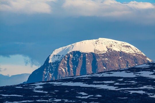 The characteristic snow covered flat top of the mountain Niak in Sarek National Park, Lapland, Sweden
