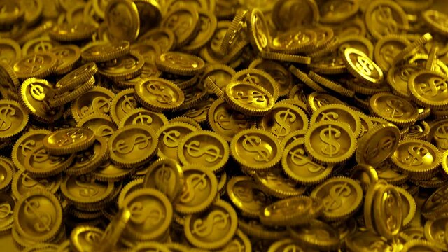 Endless pile of gold coins. Dolly shot. Seamless loop 3D render animation